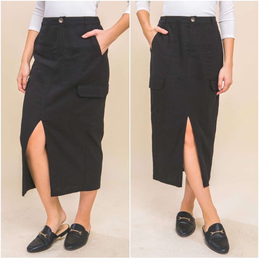 Solid Black Split Hem High Waisted Cargo Skirt - image 2